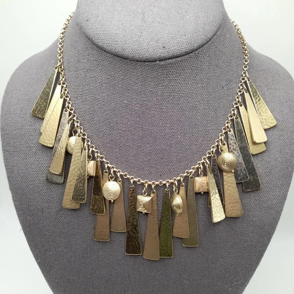 Chico's Gold Metal Fringe Necklace, Swirled Charm Accents, 18 1/2